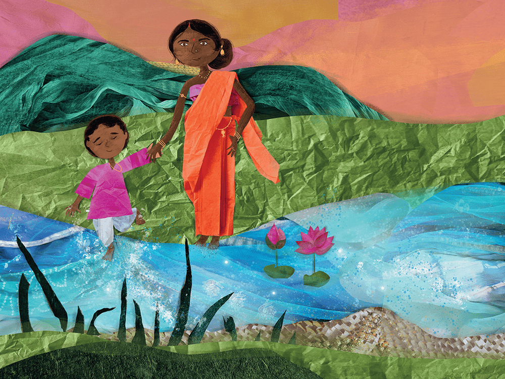 A colorful, collaged illustration of a child holding a mother’s hand. The two walk beside a river. 