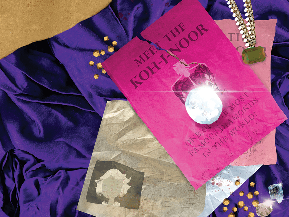 A collaged illustration of a bright pink book, an enormous diamond, and a stack of documents resting on a bolt of purple silk.