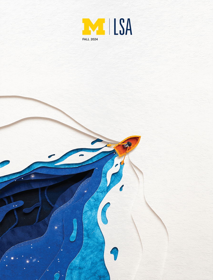Layers of hand-cut white and blue paper and yarn form a 3-D image of a rowboat cutting through the water as a human figure rows the boat.