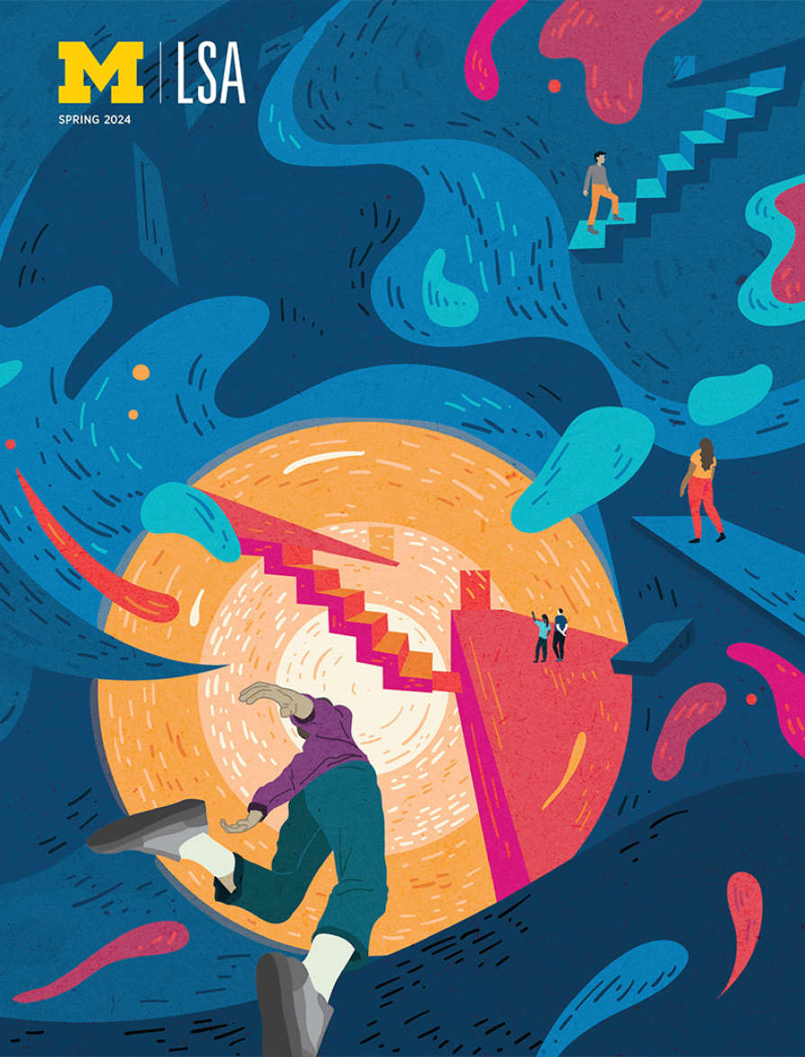 In an illustration comprising bright blues, yellows, pinks, and other colors, a figure leaps into an ambiguous space. Radial and wavy lines weave through the background with planes jetting in from various angles. The figure is surrounded by objects, shapes, and surreal spaces.