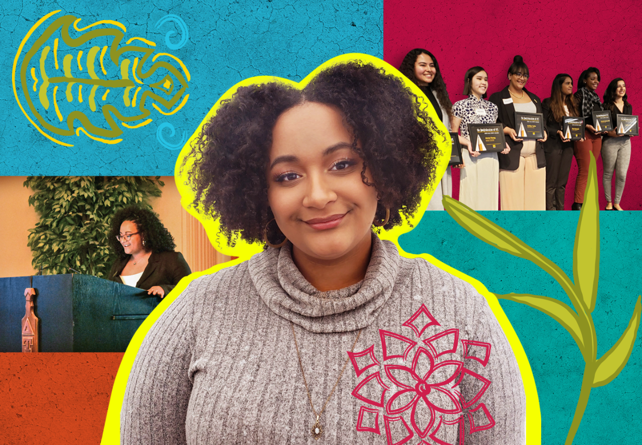 In front of a colorful, collaged background, recent UM alum Ashley Soto stands at a podium, smiles at the camera, and holds a framed certificate.  