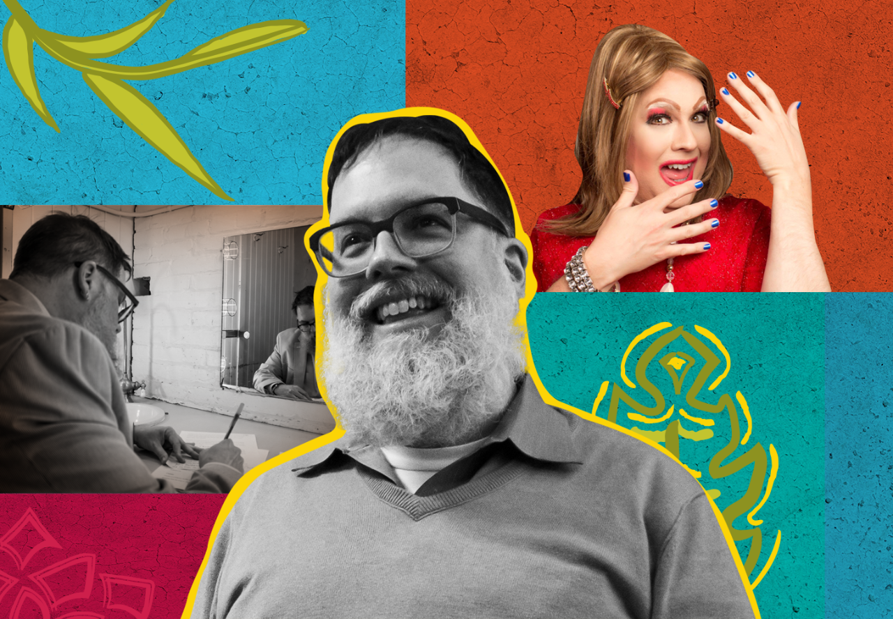 In front of a colorful, collaged backdrop are three images of Latina/o Studies core professor Larry La Fountain-Stokes. On the left, La Fountain-Stokes sits at a table, writing and facing a mirror. The image is in black and white. In the middle is a black and white portrait of a smiling Larry La Fountain-Stokes. On the right is a photograph in color of Larry La Fountain-Stokes as his drag persona Lola von Miramar. Lola wears a brilliant ruby-colored sweater, heaps of jewels, and shimmering blue polish on her fingernails. 