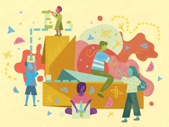 A decorative illustration showing people helping people.