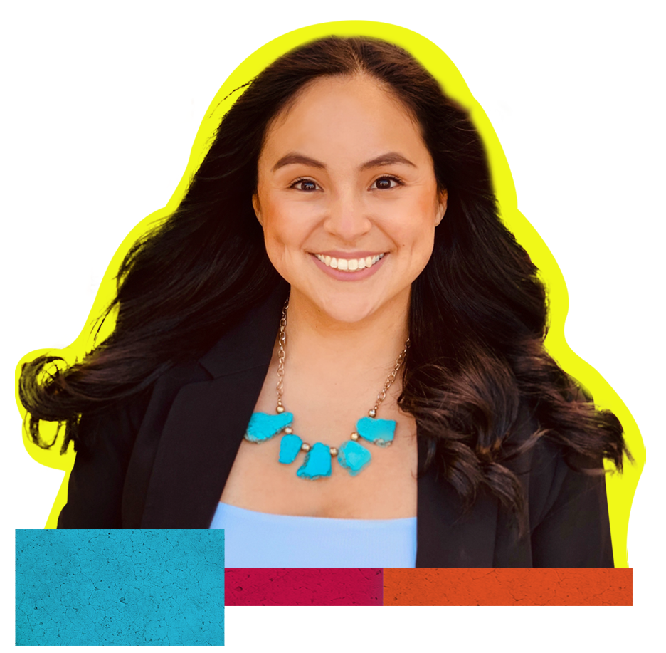 In front of a collaged, colorful background, are three photographs of Juri Sanchez. On the left, Sanchez and Salvadoran-American elder Dorinda Moreno eat pupusas. In the center photograph, Juri Sanchez smiles directly at the camera, wearing a blazer and a bright turquoise necklace. In the photograph on the right, Juri Sanchez holds up two somewhat-yellowed archival records, an illustration of a woman in one hand, and a newspaper titled "La Razon Mestiza" in the other.