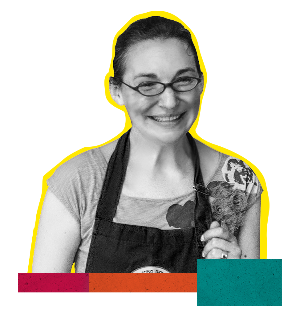 In front of a collaged, colorful background, are three photographs. On the left, a group of Professor Ashley Lucas's students walk the streets of Brazil. In the center, Lucas smiles in black and white. On the right, Lucas's students engage in a theatrical performance. 