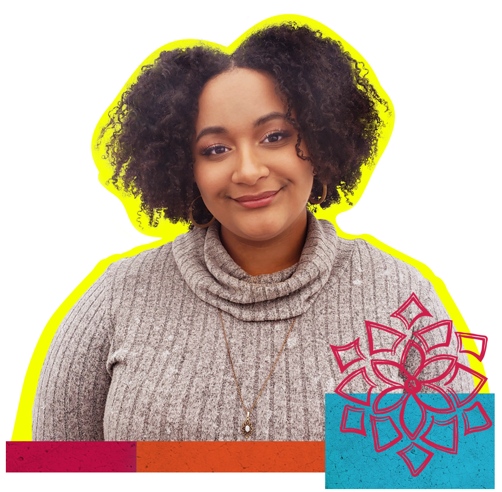 In front of a colorful, collaged background, recent UM alum Ashley Soto stands at a podium, smiles at the camera, and holds a framed certificate.  