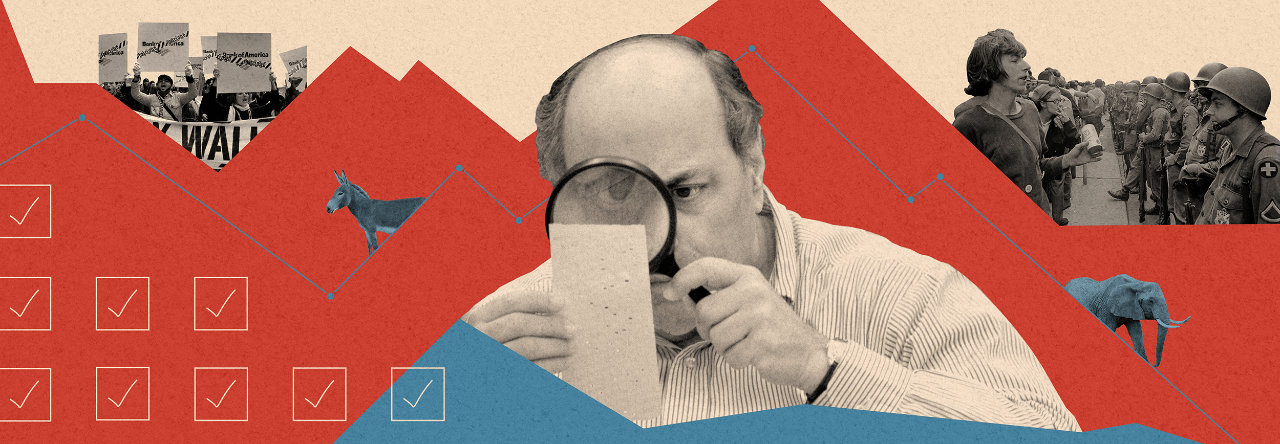 A composite of decoration and images of a man using a magnifying glass to examine a dimpled chad, a young man standing in front of a row of National Guard soldiers in 1968.