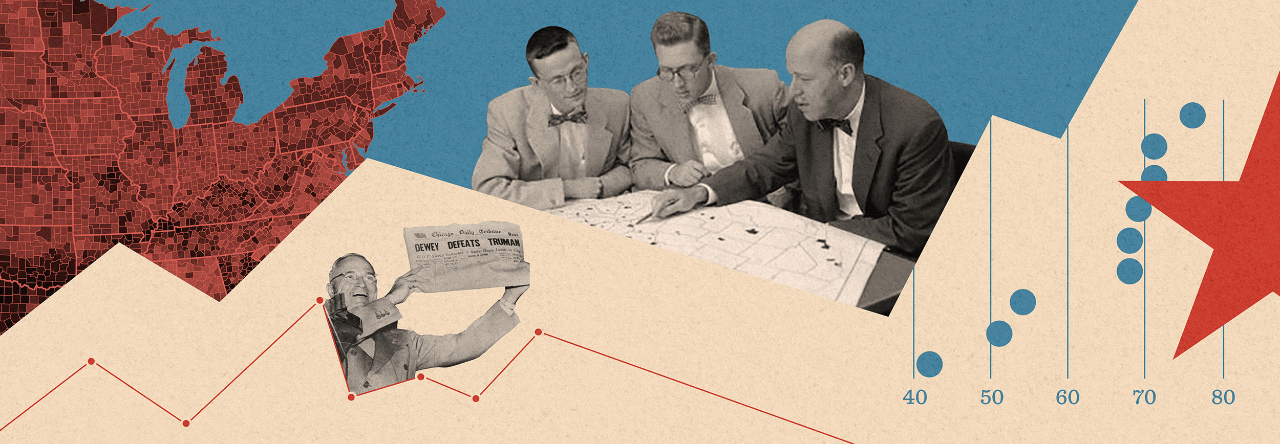 A composite of decoration and images, including part of a United States map marked with grids, Philip Converse, Warren Miller, and Angus Campbell reviewing a United States map together, President Truman holding the Chicago Daily Tribune edition whose headline erroneously reads "Dewey Defeats Truman.