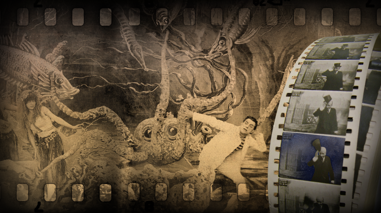 Georges Méliès on a film reel, doffing his hat. In the background is a sepia-toned undersea scene.