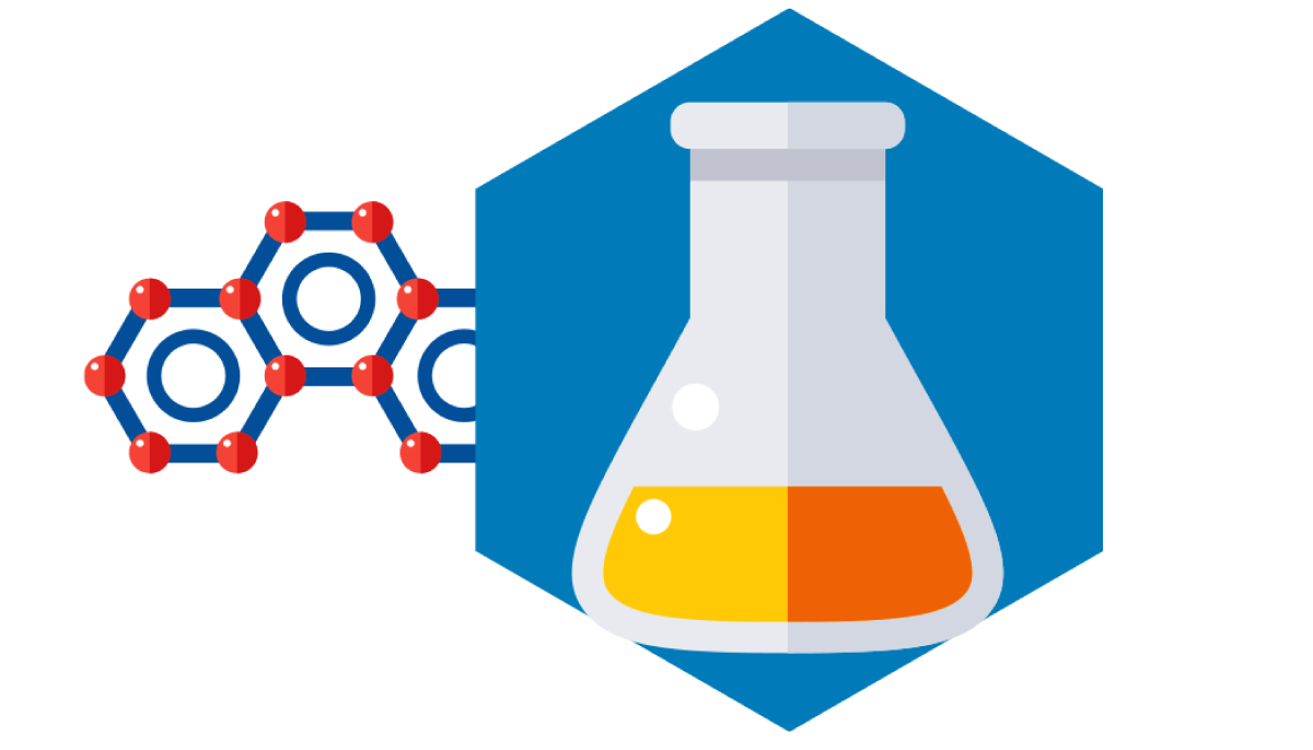 Illustration of a beaker filled with yellow and orange liquid.