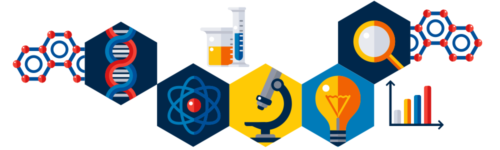 Illustration of beaker, magnifying glass, microscope, and atoms in blues and reds.