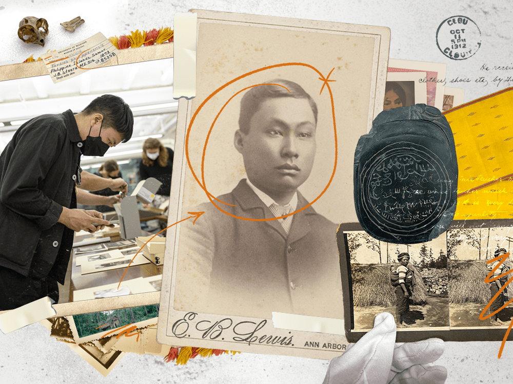 A collage of archival and contemporary images, photographs, textiles, and correspondence from the Philippine Collection. Clockwise from top right:  A faded, stamped envelope, a long narrow yellow textile with metallic woven designs, an antique stereoscopic photograph of a person standing in front of a grass hut with a baby strapped to their back, a large antique photograph of a man, a contemporary photograph of ReConnect/ReCollect resident artist Maia Cruz Palileo, wearing black clothing and a mask, photographing materials in the U-M archives with their phone. At the center of this collage is a black inscribed disc.