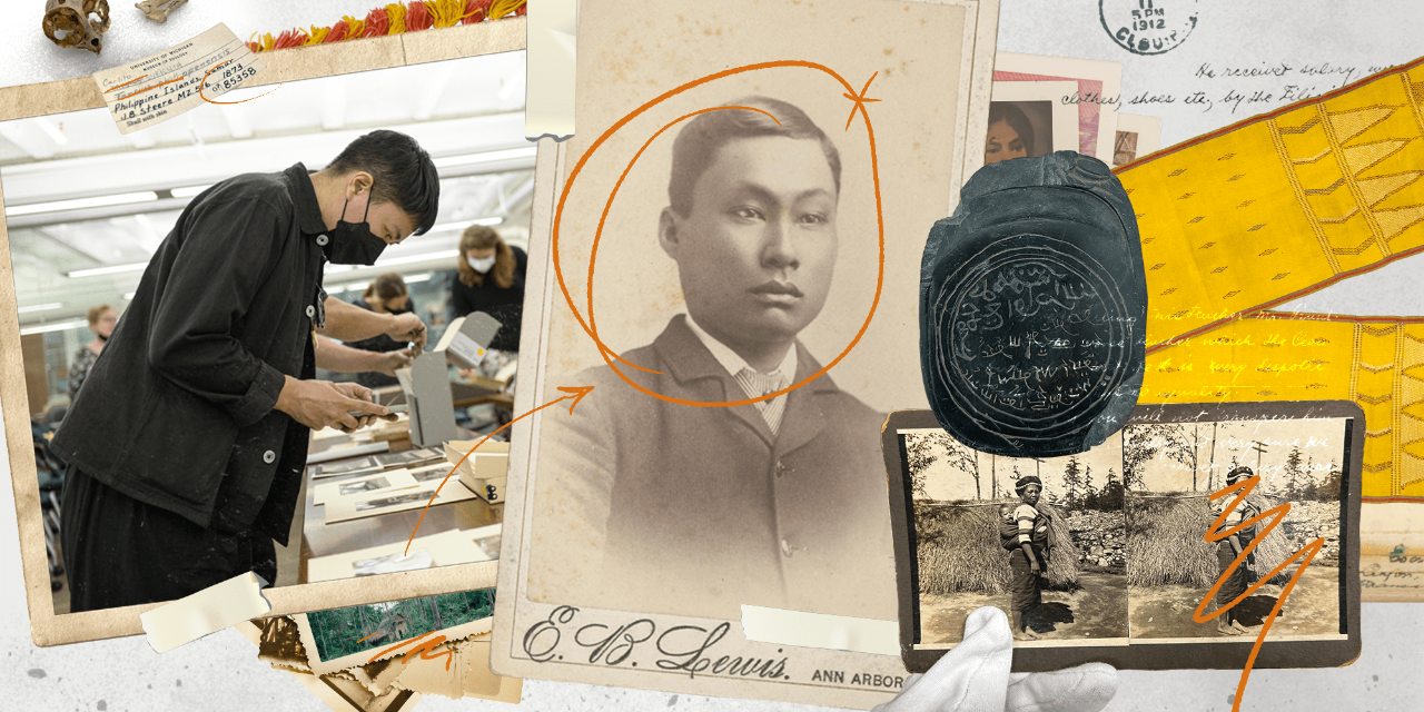 A collage of archival and contemporary images, photographs, textiles, and correspondence from the Philippine Collection. Clockwise from top right: A faded, stamped envelope, a long narrow yellow textile with metallic woven designs, an antique stereoscopic photograph of a person standing in front of a grass hut with a baby strapped to their back, a large antique photograph of a man, a contemporary photograph of ReConnect/ReCollect resident artist Maia Cruz Palileo, wearing black clothing and a mask, photographing materials in the U-M archives with their phone. At the center of this collage is a black inscribed disc.