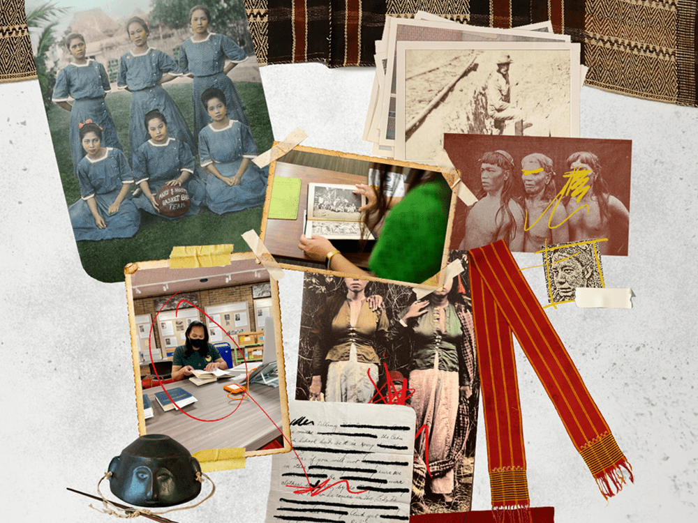 Clockwise from top right: A faded black and white antique photograph of a man standing in a ditch; an antique photograph of three people standing shoulder to shoulder and shirtless; a grainy image of a face; a narrow red textile with gold stripes and tassels at each end; a colorized antique photograph of two women standing beside each other with their hands on each other’s shoulders; a letter written in cursive, with several blocks of text covered up; a contemporary photograph of a person in a green shirt seated at a desk and surrounded by books and papers; a colorized antique photograph of six women in blue uniforms. One woman holds a basketball, on which is written, “Mary J. Host Basketball Team.”