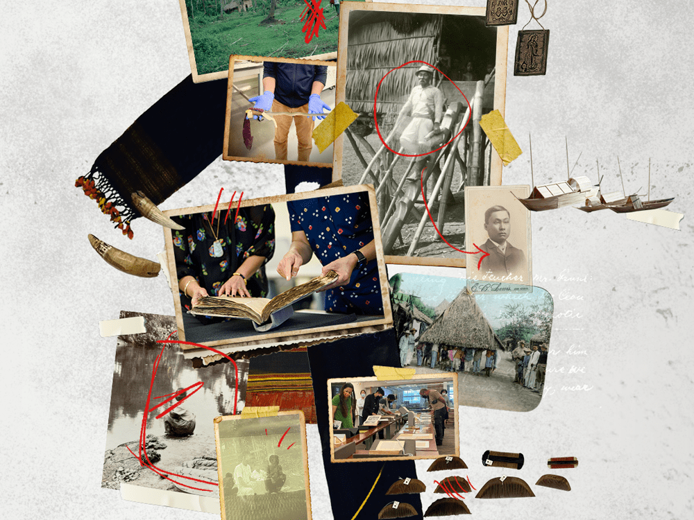 Clockwise from top right: An antique photograph of Mateo Francisco, a mustached man wearing a hat and descending an outdoor set of stairs that appear to be made of wood; a trio of wooden boats; an antique photograph of Mateo Francisco without the hat and mustache and at a younger age than in the previous photograph; a colorized antique photograph of a grass hut, inside of which many people are gathered; a contemporary photograph of several people examining archival papers and images laid out on tables; a collection of hair combs; an antique black and white photograph of four human figures—two sit in the foreground, and two sit in the background—no one seems to be looking at the camera; an antique photograph of a person sitting beside a body of water; a contemporary photograph of an antique book held by two sets of hands; two sharp, pointed animal teeth; a black textile with colorful pom-poms at the edge.