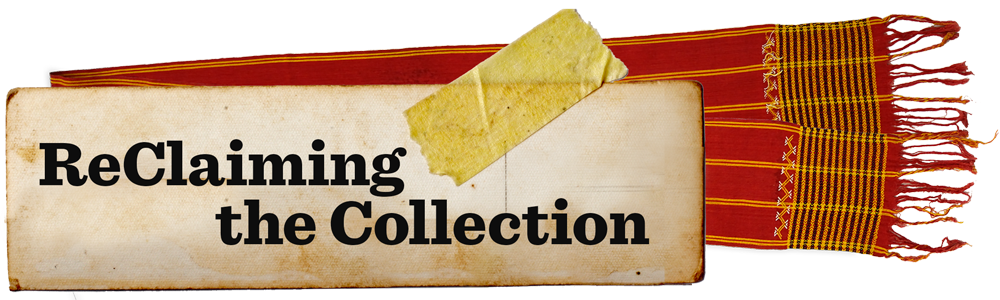 Text that reads Reclaiming the Collection on top of a paper postcard and red textile.