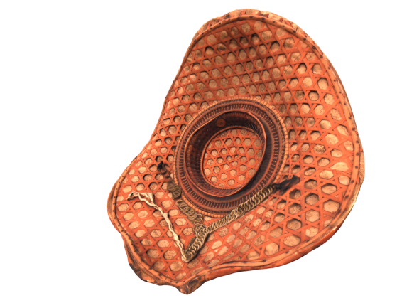 A three-dimensional model of a salakot hat made from a flatback turtle shell lined with an intricately decorated fabric, and a hexagonal design of crisscrossing rattan.