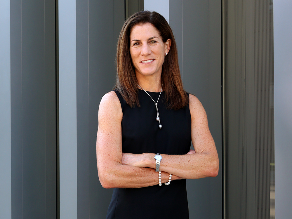 LSA Dean Anne Curzan in a posed portrait outside the University of Michigan Museum of Art.