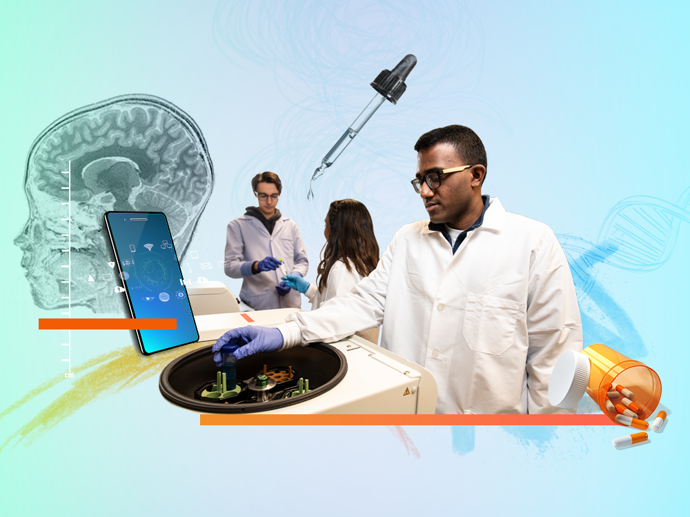 An image collage includes a drawing of a child’s head in profile, a smartphone screen, a photo of three undergraduate students working in a cancer research laboratory, an eye dropper, and a bottle of pills on its side.