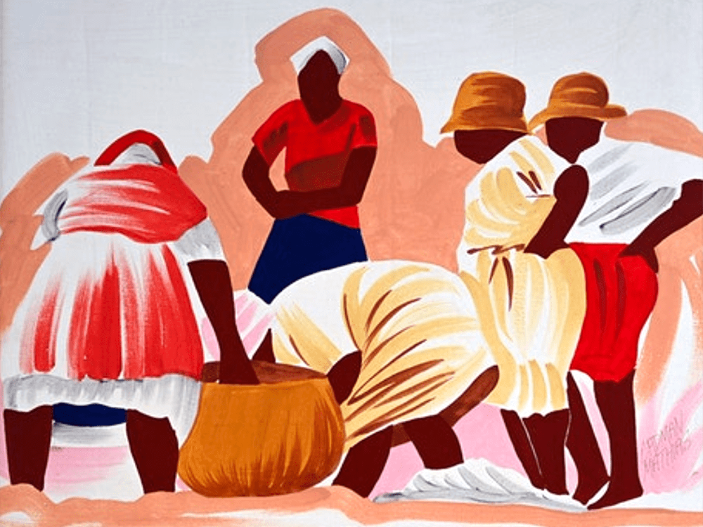 An earth-toned illustration of a group of people gathered in a circle, using a large basket to harvest grain.