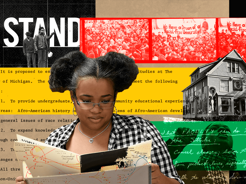 Against a backdrop of red, yellow, and green, a student conducts archival research.