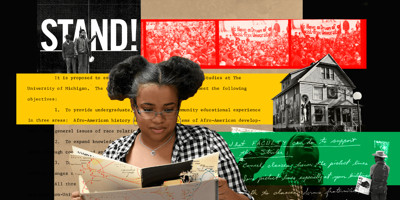 Against a backdrop of red, yellow, and green, a student conducts archival research.