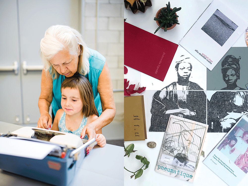 Split image showing a child and adult work together on a typewriter at a harlequin creature event at DIA: Beacon, next to several prints scattered on a white background.