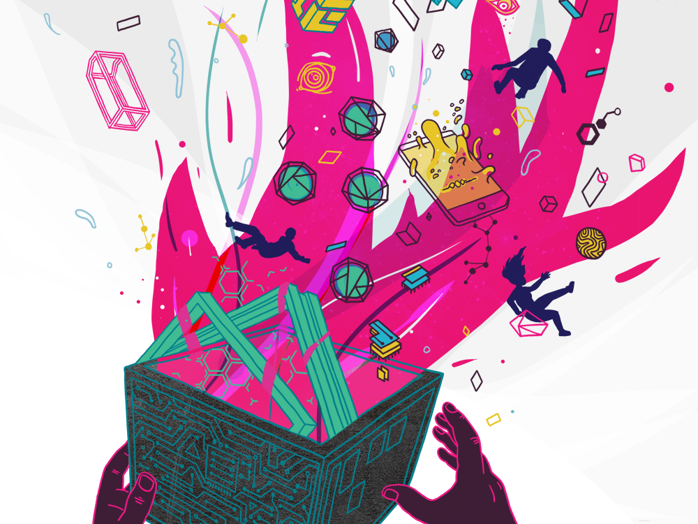 A lively illustration in bright shades of pink, blue, green, and yellow, with computers, technology, human figures, and other details that combine to suggest uncertainty, rapid changes, and the interaction between humans and tech. Many of these shapes and figures are coming out of or into a box that features circuit-board lines.