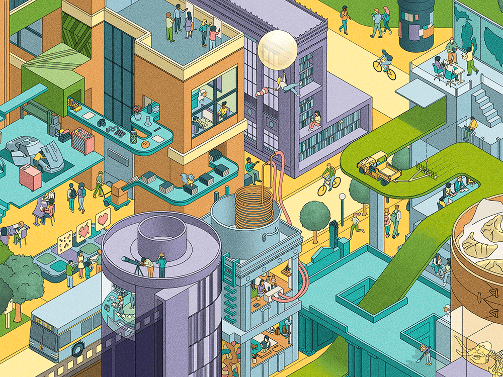 A multilayered illustration, in shades of blue, green, orange, and purple, contains the letters “LSA,” many people, campus buildings, and more.