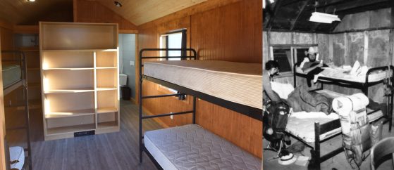 Side by side photo of the interior of a new student cabin with bunk beds, a shelving area, and a view into a private bathroom. The photo at right shows students and their gear squished into a very primitive cabin.