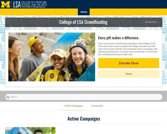 LSA's Community Funded webpage shows active campaigns and enables visitors to donate online via a Donate Now button. A photo montage of students adorned in maize and blue decorates the page, which states Every gift makes a difference.