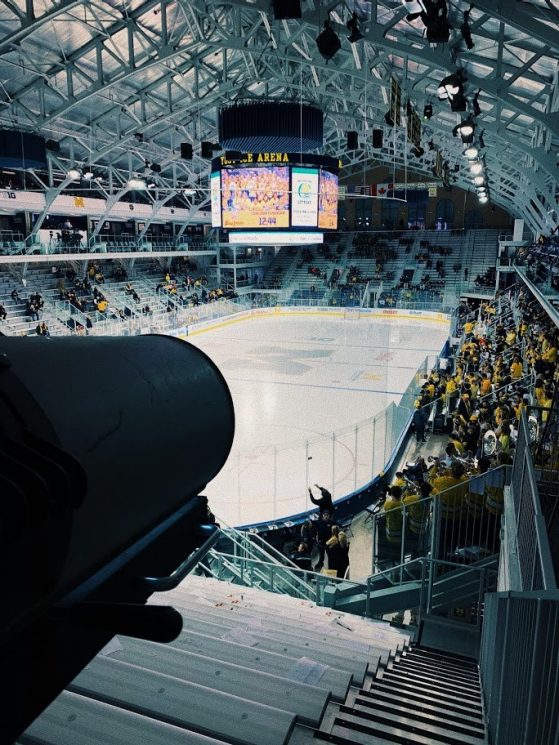 A view of the ice from the spotlight operator's seat during a Michigan Hockey game at Yost Ice Arena