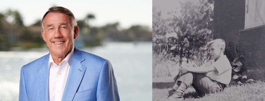 Side by side photos of Larry Leinweber pictured now in a suit jacket and open-necked white button-down shirt, and as a young child sitting with a pet dog in the grass at his family farm.