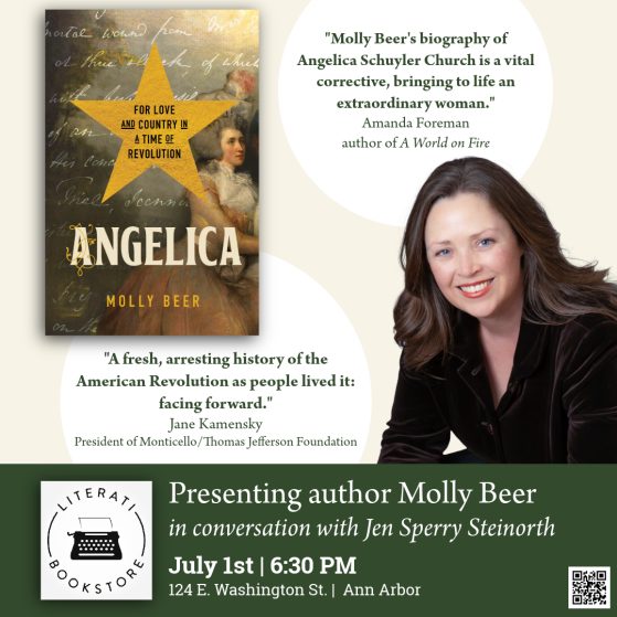 Flier for event, with photos of Molly Beer and cover of her book Angelica: For Love and Country in A Time of Revolution
