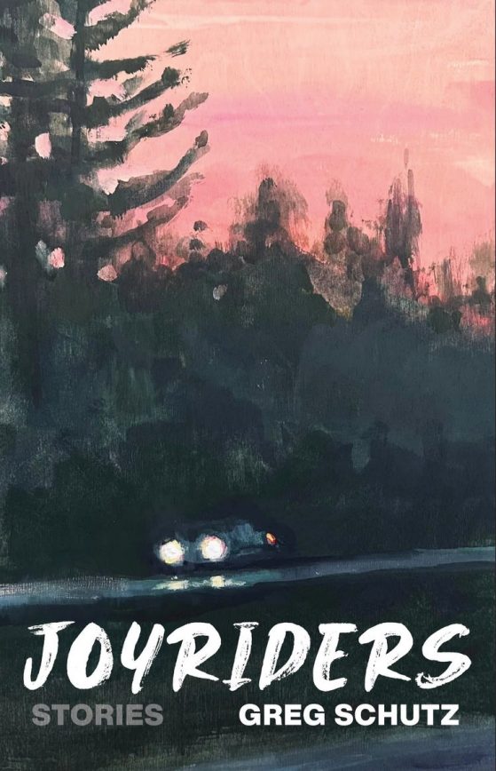 Joyriders book cover, car with headlights on driving through wooded area in an impressionist style