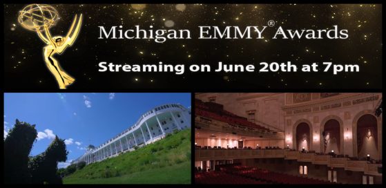 Michigan Emmy award banner with photo of Mackinac Island and Detroit's Orchestra Hall 