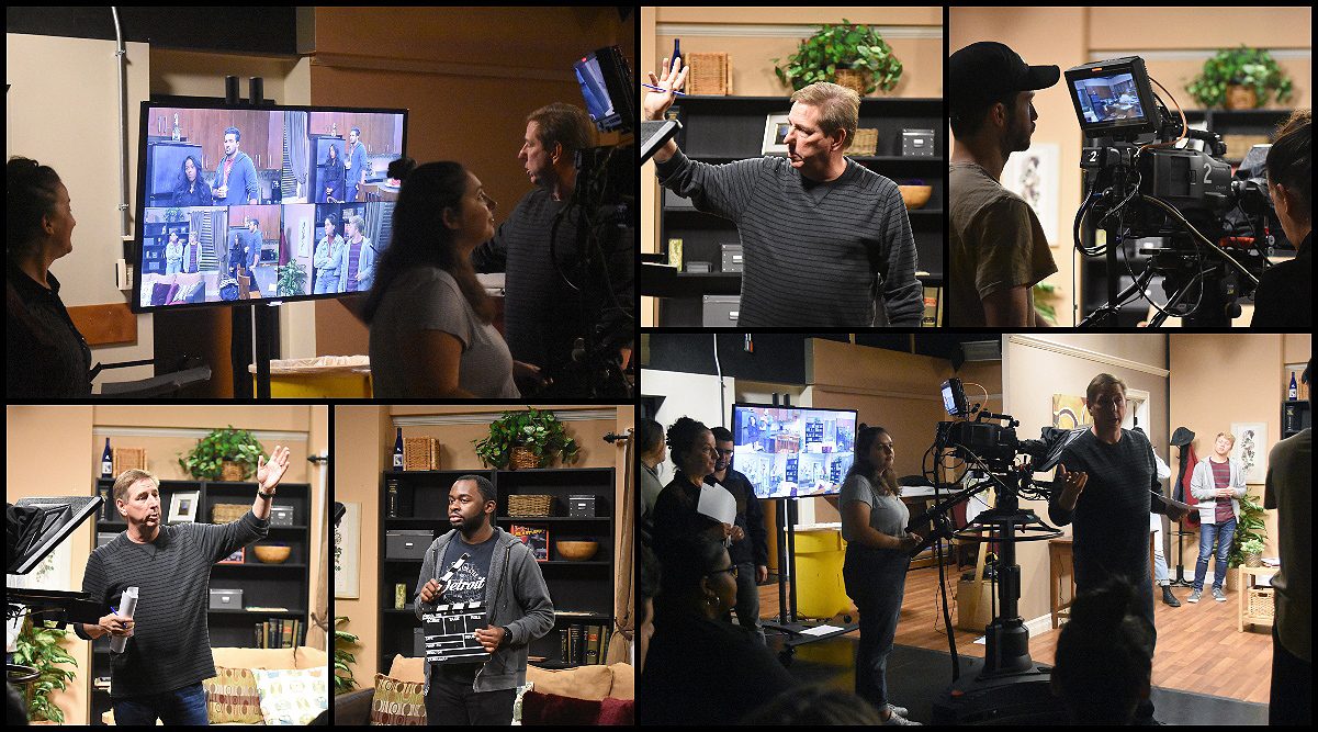 Collage of Mark Cendrowski working with students in the FTVM studios