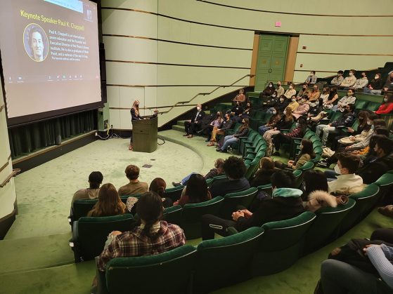 GSP student leader Caroline Theurerkauf introduces the GCIP keynote speaker, Paul Chappell. Paul is the Founder and Executive Director of the Peace Literacy Institute and an international peace educator.