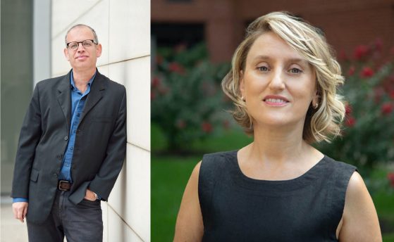 two professional headshots - One bald man with glasses leaning smiling against a wall, A lady with short blond hair and black dress crosses her arms and smiles for the camera
