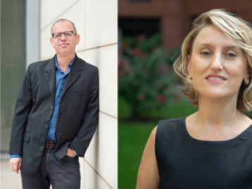 two professional headshots - One bald man with glasses leaning smiling against a wall, A lady with short blond hair and black dress crosses her arms and smiles for the camera