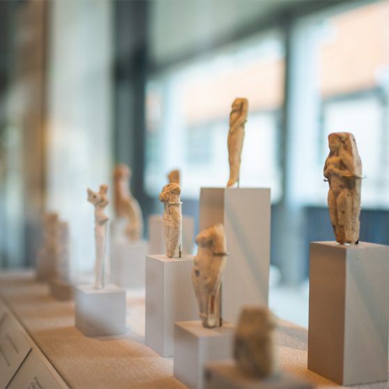 Kelsey Museum display showing a long case of clay Mesopotamian goddess figurines mounted on small pedestals of various heights.