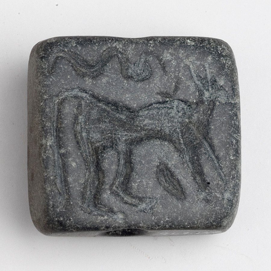 Square stamp seal made out of gray stone featuring carved imagery of a four-legged animal with a long tail (possibly a cat) with a squiggle above it (possibly a snake).