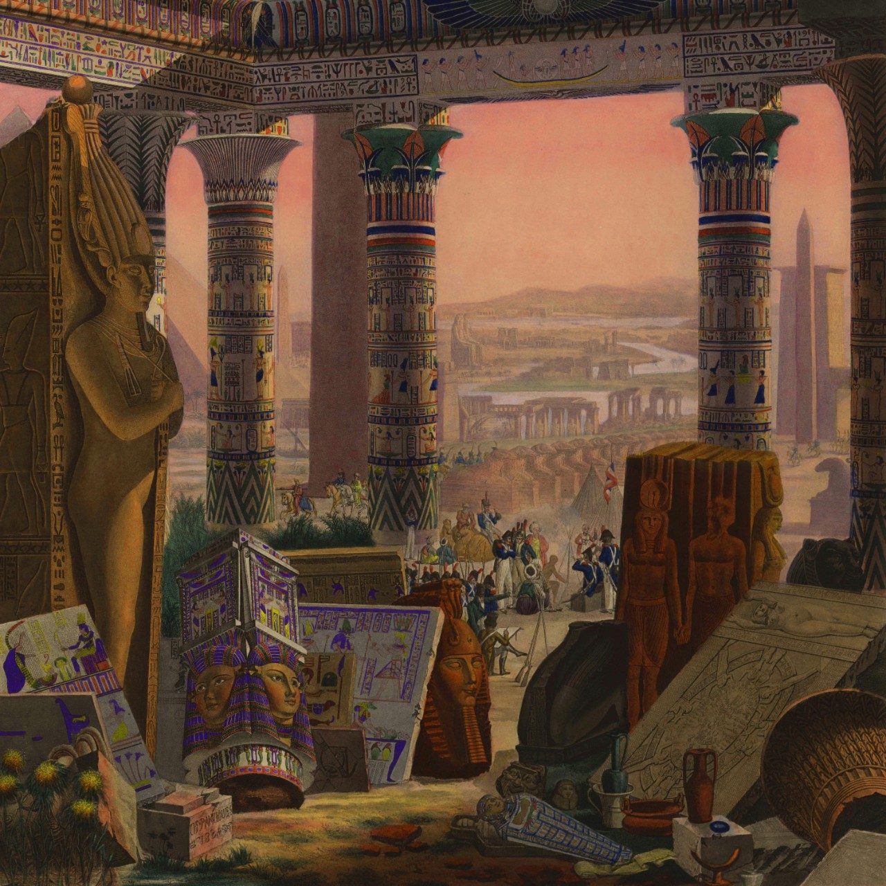 Illustration from “Description de l’Egypte” showing an assemblage of Egyptian artifacts and monuments at a temple whose pillars are decorated with colorful hieroglyphs. In the background is a meeting of Egyptians and French soldiers.