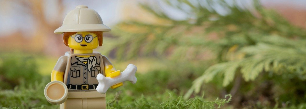 Scene with a LEGO character wearing a helmet and holding a lamp and bone, standing among moss and greenery.