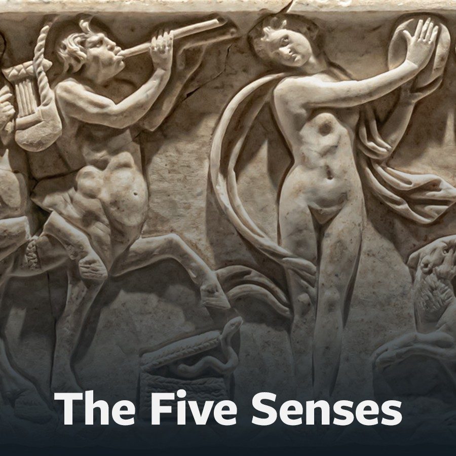 Button to “The Five Senses” scavenger hunt showing a section of a marble sarcophagus with a Dionysian procession featuring centaurs and maenads playing musical instruments.
