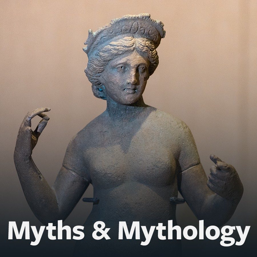 Button to “Myths and Mythology” scavenger hunt, showing a bronze figure of Aphrodite wearing a crown and raising her hands.