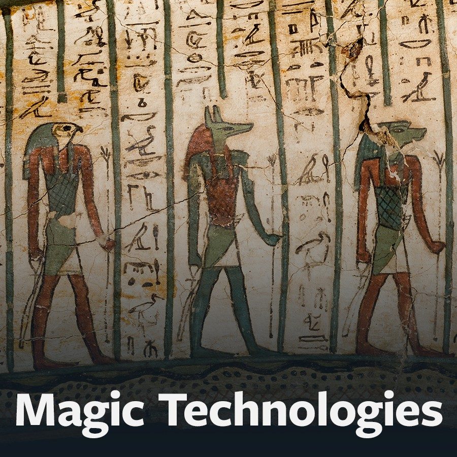 Button to “Magical Technologies” scavenger hunt showing paintings of animal-headed Egyptian gods in a rightward-moving procession among rows of hieroglyphs.