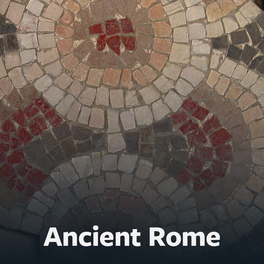 Button to Ancient Rome scavenger hunt showing a mosaic made of white, tan, and red stone pieces arranged in overlapping concentric circles.