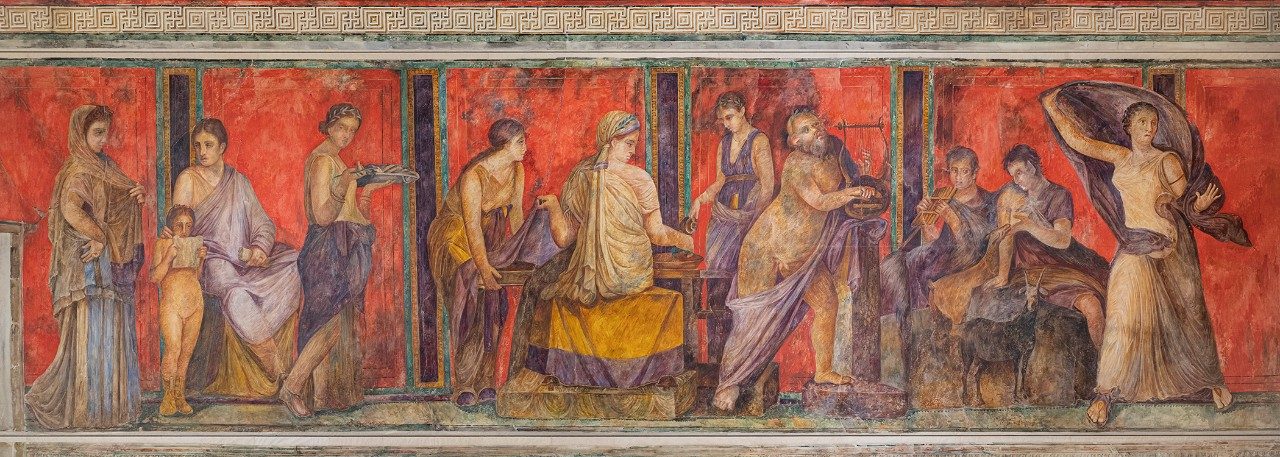 View of a panel of the Villa of the Mysteries watercolor reconstruction in the Kelsey Museum.