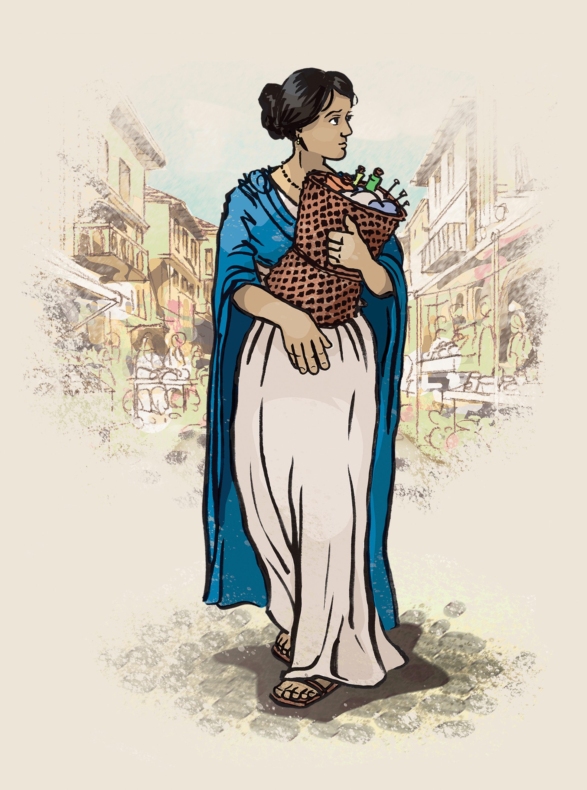 Illustration of a young Roman woman carrying a basket of fabric and other supplies through a marketplace.